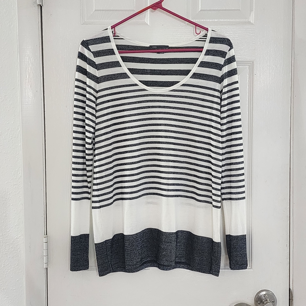 Vince Striped Long Sleeve Scoop Neck Tee Shirt Gray White Size S Small Rayon